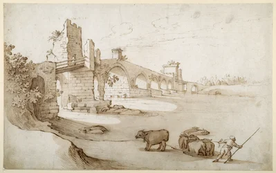 En chauffør, der opfordrer et hold stude til at svømme i Tiberen ved Ponte Milvio Crossing (pen og brunt blæk med brun vask på papir)