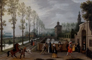 Et elegant selskab, der promenerer uden for et palads