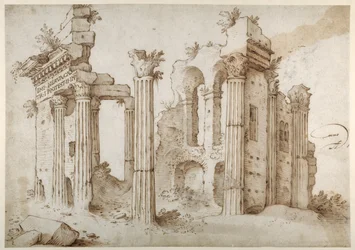 Kolumnerede ruiner af Temple of Minerva, Forum of Nerva, Rom (pen og brunt blæk med vask på papir)