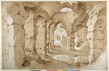 Inde i ruinerne af Colosseum (pen & brunt blæk med brun vask på hvidt papir)