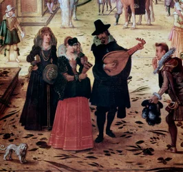 Landskab med Villa Medici i Rom, Italien. Detalje: elegante spadserende og musikere i parken. 17. århundrede, Napoli, Museo Nazionale di Capodimonte