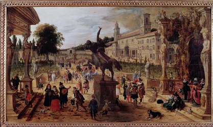 Landskab med Villa Medici i Rom, Italien. Elegante spadserende og musikere i parken. 17. århundrede, Napoli, Museo Nazionale di Capodimonte