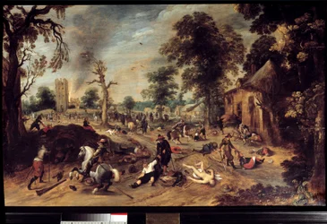 Looting in a village A group of horsemen looted and slaughtered the inhabitants of a village, the body of a naked woman lies on the ground, another is dragged by the hair. Painting by Sebastien Vrancxdani