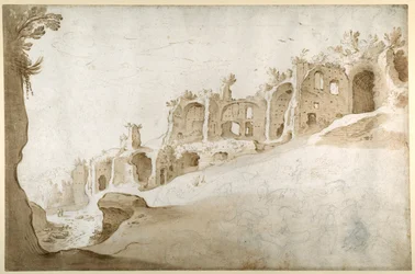 Ruiner på Palatinen: Domus Augustanus og Septimius Severus-paladset (pen og brunt blæk med brun vask og sort kridt på hvidt papir)