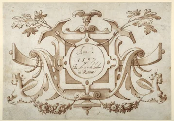Strapwork cartouche forbundet med sættet af hans romerske synspunkter (pen & brunt blæk med brun vask på papir)
