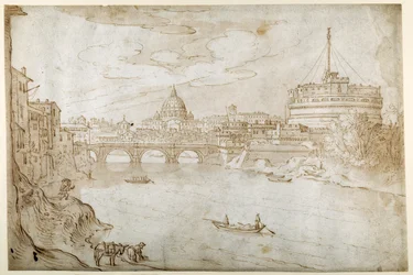 Udsigt over Tiberen mod St. Peters med Vatikanets palads og Castel S. Angelo (pen og brunt blæk med brun vask på hvidt papir)