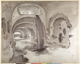 Tivoli, Cryptoporticus under Hercules Victors tempel (pen & blæk med vask på papir)