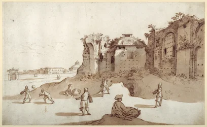 Unge mænd spiller pelota inde i Diocletians bade; S. Bernardino i det fjerne; den lange væg af Bellaiani (pen og brunt blæk med brun vask på papir)