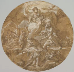 Venus ved Vulcans smedje recto, skitser med to Putti verso, ca. 1716-18.