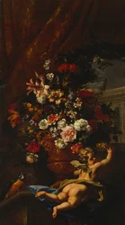 Amor og blomster (olie på lærred)