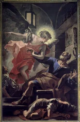 Deliverance of Saint Peter - Saint Peter released from prison. Painting by Sebastiano Riccidani
