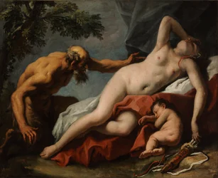 Venus and Satyr - Painting by Sebastiano Riccidani