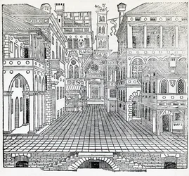 Magisk scene, teaterkulisse designet af Sebastiano Serlio (1475-1554), illustration fra Afhandling om arkitektur, bog II