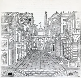 Magisk scene, teatralsk scenedesign af Sebastiano Serlio (1475-1554), illustration fra Treatise on Architecture, Bog II