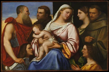 Madonna og barn med helgener og givere, ca. 1485-1547 (olie på træ)