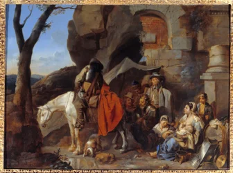 Halte af soldater, tidligere kaldet Halte de bohemiens Maleri af Sebastien Bourdon (1616-1671) 1600-tallets søn. 0,43x0,58 m