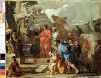 Kejser Augustus besøger Aleksander den Stores grav under sit felttog i Egypten. Maleri af Sébastien Bourdon (1616-1671), 1650-1660. Mål 45.5x56.5 cm. Eremitagemuseet, Sankt Petersborg