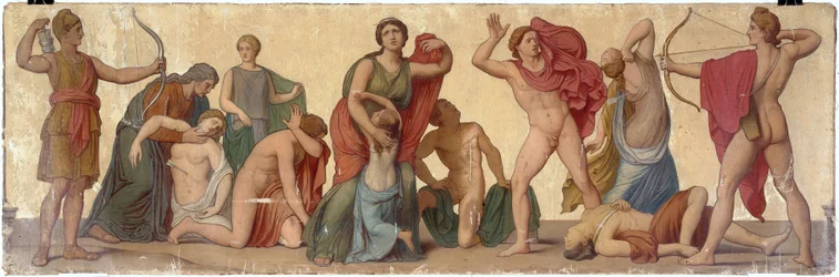 "Massakren på niobiderne", komposition fra atriummet i prins Napoleons hjem i Pompeji, ca. 1860 (olie på lærred på træ)