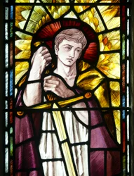 Mortehoe, St. Mary, Heaton Butler & Bayne, Selwyn Image, Archangel St Michael detalje, ca. 1890