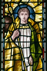 Mortehoe, St Mary, Heaton Butler & Bayne, Selwyn Image, Archangel St Raphael detalje, ca. 1890