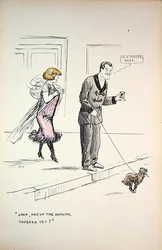 Par venter på, at en hund afslutter sin virksomhed, ca. 1921 (farve litho)