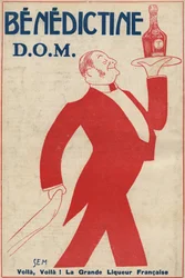 Reklame for fordøjelsessystemet (likør) "" Benedictine"" (D.O.M.) En kaffedreng bærer en flaske på en bakke. Tegning af Sem (1873-1932). 1911.