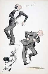 To mænd i jakkesæt danser, mens en musiker spiller på trompet, fra White Bottoms, pub. 1927 (farvebloktryk)
