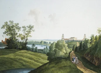 ""Landskab med en gård i parken i Tsarskoye Selo"" af Semyon Fyodorovich Shchedrin (Semion Chtchedrine) (1745-1804). Gouache og blæk på papir