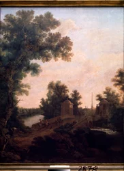 Stenbroen i Gatchina Palace Park. (Sankt PETERSBOURG). Maleri af Semyon Fyodorovich Shchedrin (Semion Shchedrin) (1745-1804), olie på lærred
