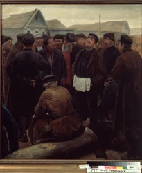 Mød landdistrikterne. (På Landsfællesskabsmødet). Gruppe af russiske bønder foran gårde. Værk af Sergei Alexeyevich Korovin (1858-1908), olie på papir