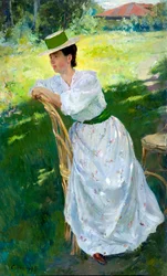Portræt af en kvinde (En plein air) - Vinogradov, Sergei Arsenyevich (Arsenevich) (1869-1938) - 1899 - Olie på lærred -