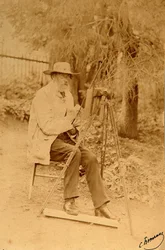 Portræt af digteren Yakov Petrovich Polonsky (Iakov Petrovitch Polonski) (1819-1898) ved staffeliet. Albumin-billede af Sergei Dmitrievich Botkin (1869-1945)