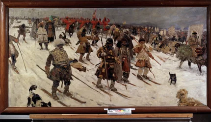 russisk militærkampagne i det 16. århundrede; (Russernes militære kampagne i det 16. århundrede). Russiske krigere på ski, der rykker frem gennem sneen. Maleri af Sergei Vasilyevich Ivanov (1864-1910), olie på lærred