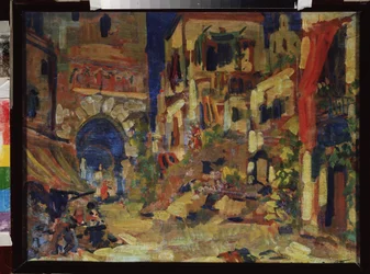Udsigt over en gade. Forberedende indretning til operaen Don Quixote af Jules Massenet (1842-1912). Maleri af Sergei Ivanovich Petrov (1881-1936), olie på lærred. Russisk scenografisk kunst, det 20. århundrede. State Central M. Glinka Museum of Music, Mosk
