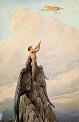 Transportere. Luftfart. Drømmen om Ikaros. Icarus og flyvemaskine. Illustration af J. Solomko, Ungarn, ca. 1916. (postkort)