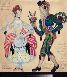 Forberedende kostumer til teaterstykket ""Le mariage de Figaro"" af Pierre Augustin Caron de Beaumarchais (1732-1799) (Kostumedesign til teaterstykket Figaros bryllup af Beaumarchais) - Værk af Sergei Yurievich Sudeykin (Serge Soudeiki)