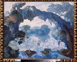 Forberedende indretning til balletten ""Le Lac des Cygnes"" af Piotr Tchaikovsky (1840-1893) (Scenedesign til Balletten Svanesøen af ​​Tchaikovsky) - Værk af Sergei Sudeykin (Serge Soudeikine) (1882-1946), olie på pap