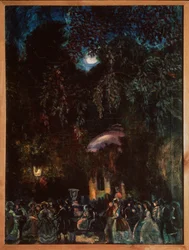 Spanien. (Fritidsscene, firmavandring på gaden, aften). Maleri af Sergei Yurievich Sudeykin (Serge Soudeikine) (1882-1946), olie på lærred, ca. 1910. Russisk kunst, 20. århundrede. Statens Frilandsmuseum for Historie, Arkitektur og Kunst, Psko