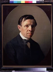 Portræt af kunstneren Sergey (Sergei, Serguei) Konstantinovich Zaryanko (Zarianko) (1818-1870) (Portræt af kunstneren Sergey K. Zaryanko) Maleri af Alexei Mikhailovich Kolesov (1834-1902), olie på lærred. Russisk kunst, portræt 1800-tallet. Staten Tretyako