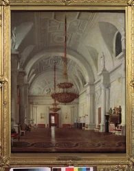 Udsigt over Vinterpaladsets hvide sal i Sankt Petersborg. Maleri af Sergey (Sergei, Sergei) Konstantinovich Zaryanko (Zarianko) (1818-1870), olie på lærred. russisk kunst
