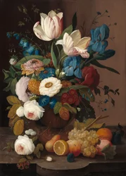 Stilleben, blomster og frugt