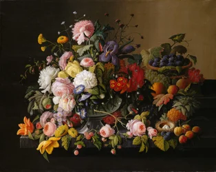 Stilleben: blomster og frugt