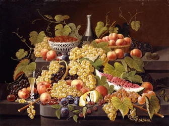 Stilleben med frugt og champagne,