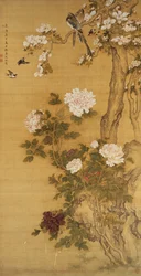 Pæoner, fugle og magnoliatræ, hængende skriftrulle, Qing-dynastiet (farve på silke)