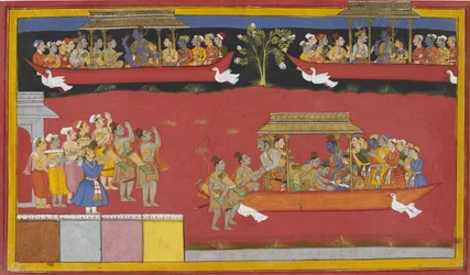Bharata og Shatrughna ankommer til Nandigrama, hilser på Rama, og Pushpaka-vognen kører af sted.