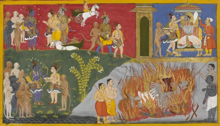 Bibhishana tænder Ravanas ligbål, og Lakshmana tilbyder pindakager til Rama.