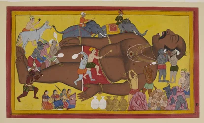 Dæmoner vækker den sovende Kumbhakarṇa til kamp mod Rāma
