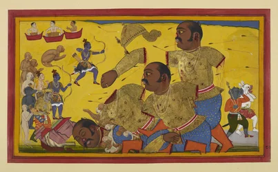 Kumbhakarṇa bliver dræbt af Rāma; allierede glæder sig, mens Vibhīṣaṇa sørger