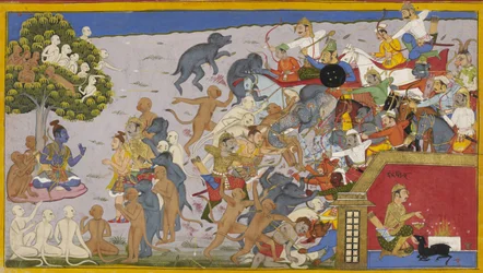 Rama sender Lakshmana og Bibhishanas hær mod Indrajit, som ofrer sig for at blive usynlig.