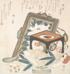 Indrammet maleri, lille stativ med en vinkop og et fad med en fisk, 1800-tallet., 1800-tallet.